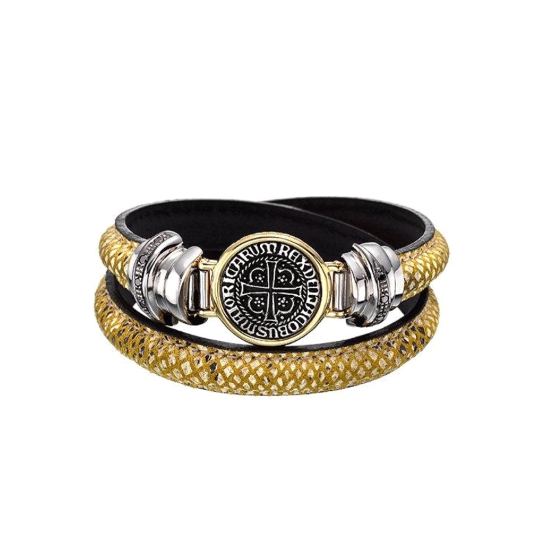 Sterling silver, yellow gold leather bracelet with black diamonds