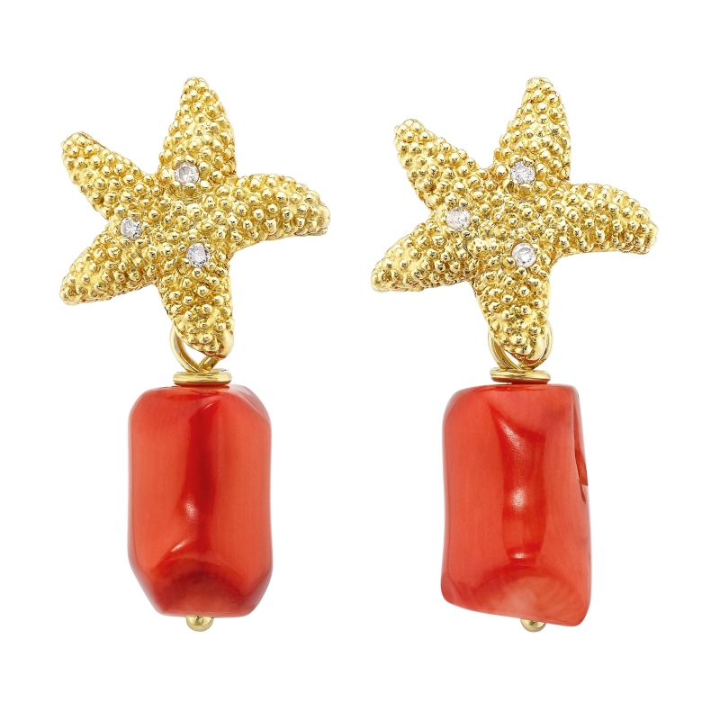 Yellow gold plated sterling silver earrings with diamonds and coral