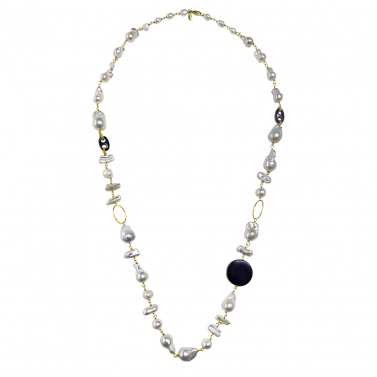 BAROQUE PEARLS, ONYX AND GOLD NECKLACE