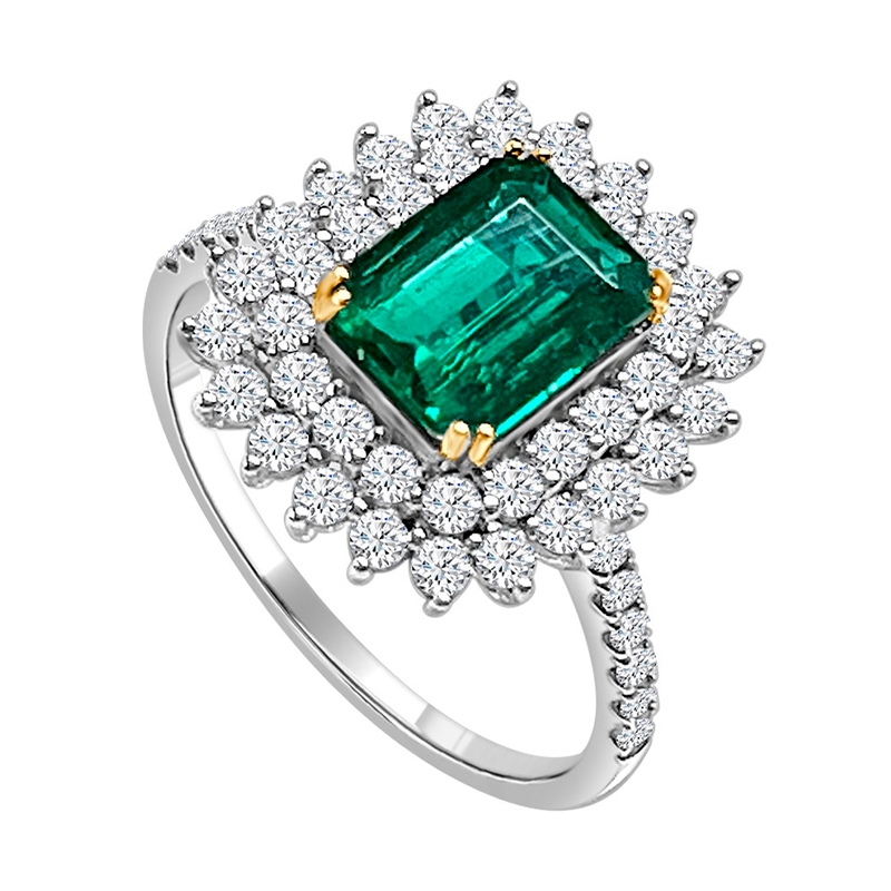 GOLD, DIAMONDS AND CUSHION EMERALD RING